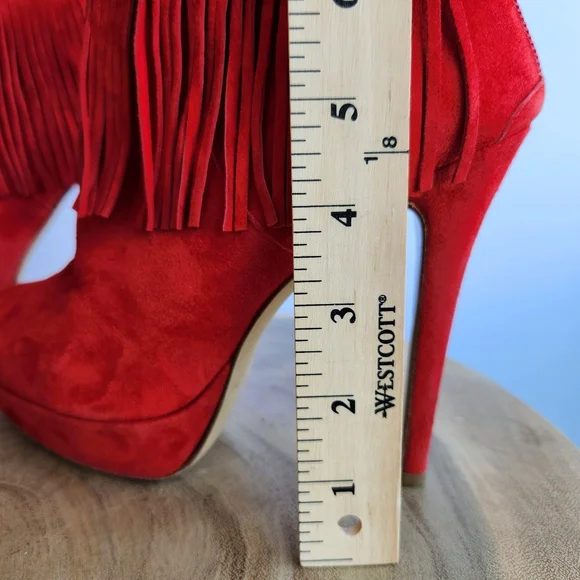 Charles David Lula Fringe Trim Suede Bootie Red Ankle Boot High Heels Size 7 - Picture 11 of 16